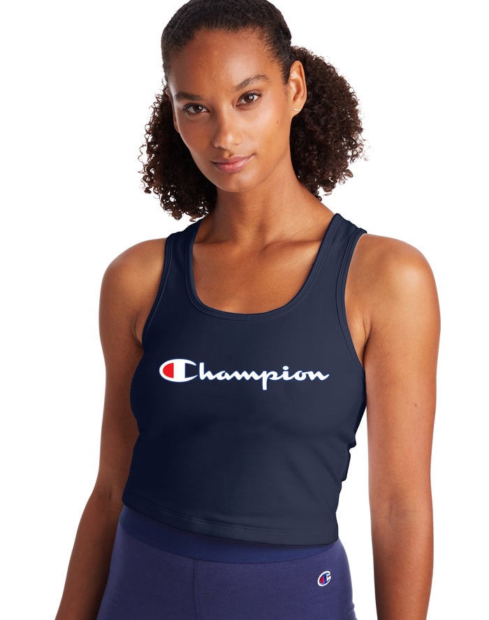 Champion Authentic Crop Script Logo - Naisten Laivastonsininen Hihaton Paita - Suomi 1098527-UV